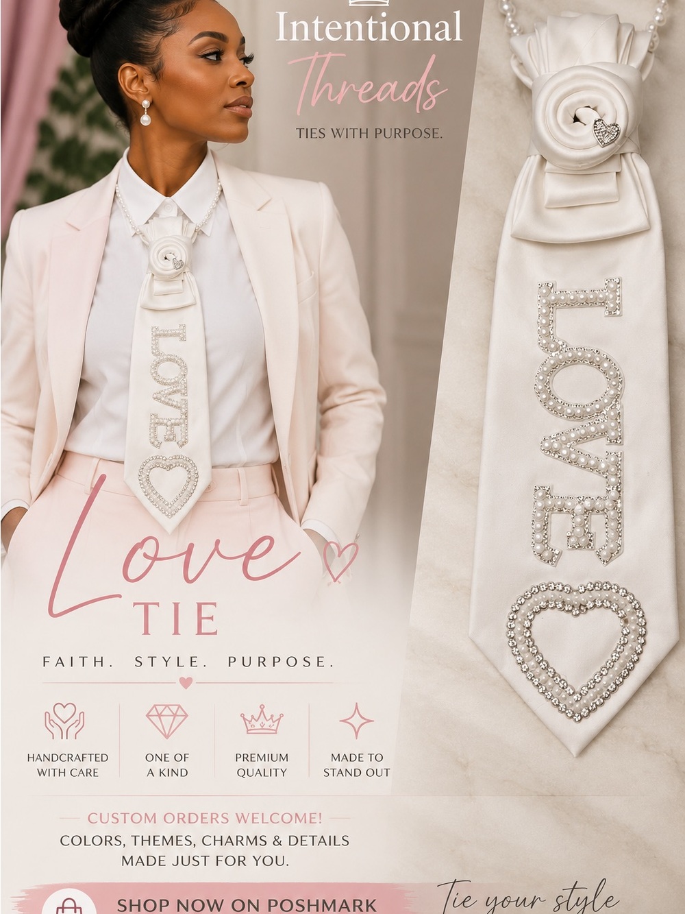 White Rhinestone LOVE Necktie Necklace